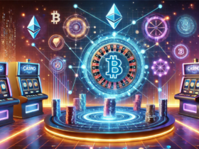 Futuristic crypto casino interface with blockchain theme and neon lights.